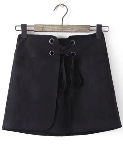 Shein Black Lace Up Suede Skirt