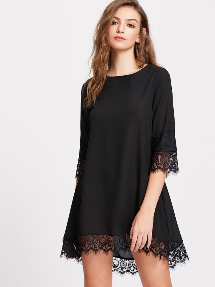 Shein Eyelash Lace Trim Dip Hem Dress