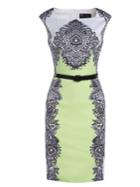 Shein Green Boat Neck Cap Sleeve Vintage Print Drawstring Dress