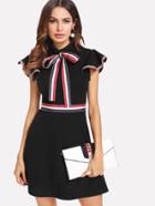 Shein Tie Neck Striped Trim Flutter Sleeve Dress