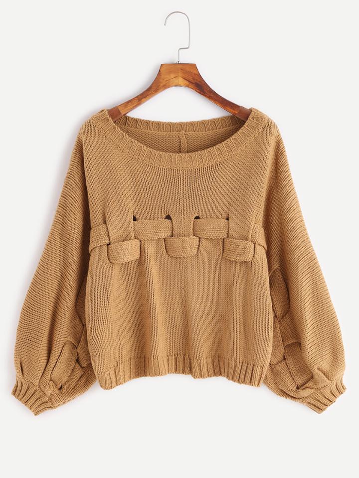 Shein Khaki Lantern Sleeve Cut Out Back Cross Braided Sweater