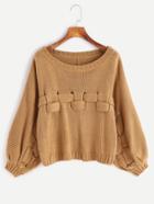 Shein Khaki Lantern Sleeve Cut Out Back Cross Braided Sweater