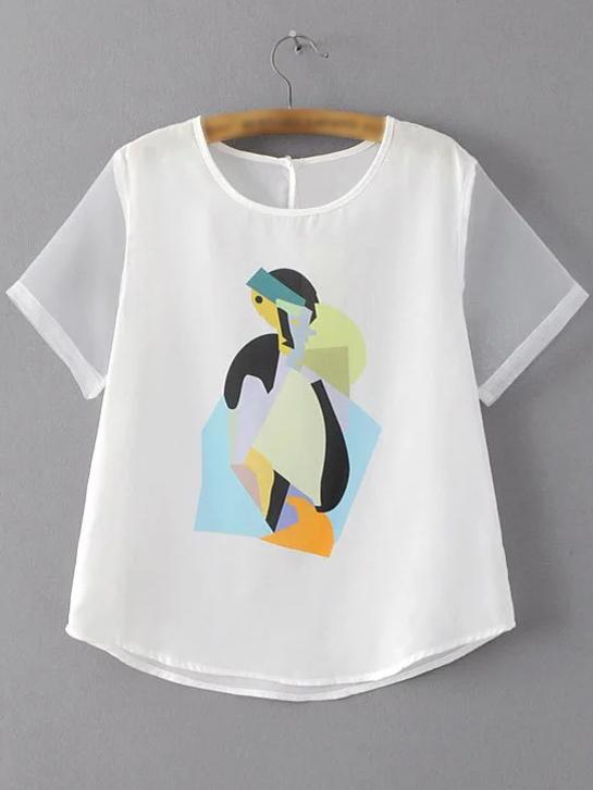 Shein White Round Neck Keyhole Back Print Short Sleeve Blouse