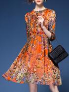 Shein Orange Elastic-waist Print A-line Dress