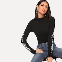 Shein Mock Neck Letter Print Slim T-shirt
