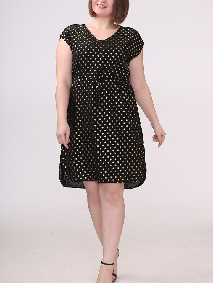 Shein Plus Size Gold Polka Dot Self-tie Waist Dress