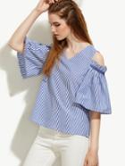 Shein Blue Striped V Neck Cold Shoulder Blouse