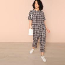 Shein Plus Plaid Top And Pocket Side Pants Set