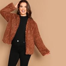 Shein Plus Open Front Solid Teddy Coat