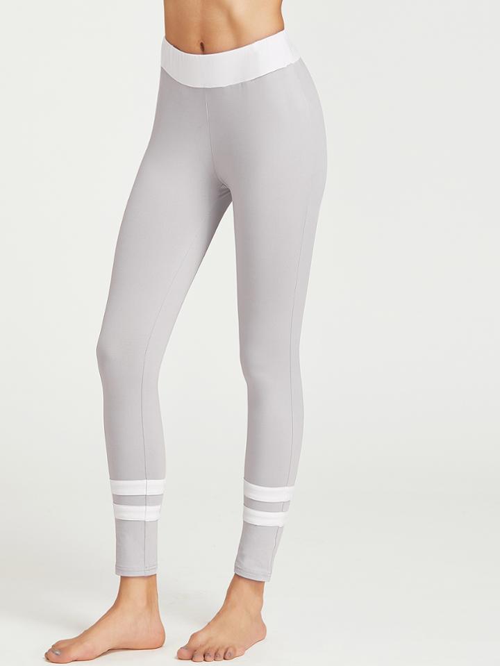 Shein Grey Contrast Waistband Striped Crop Leggings