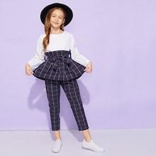 Shein Toddler Girls Self Tie Contrast Plaid Hem Top With Pants