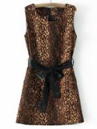 Shein Leopard Sleeveless Zipper Dress With Belt