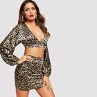 Shein Deep V-neck Leopard Print Crop Top & Skirt Set