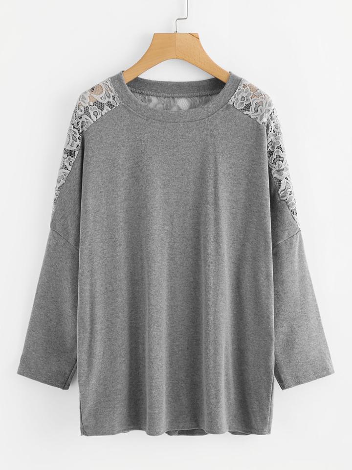 Shein Lace Panel Drop Shoulder Marled T-shirt