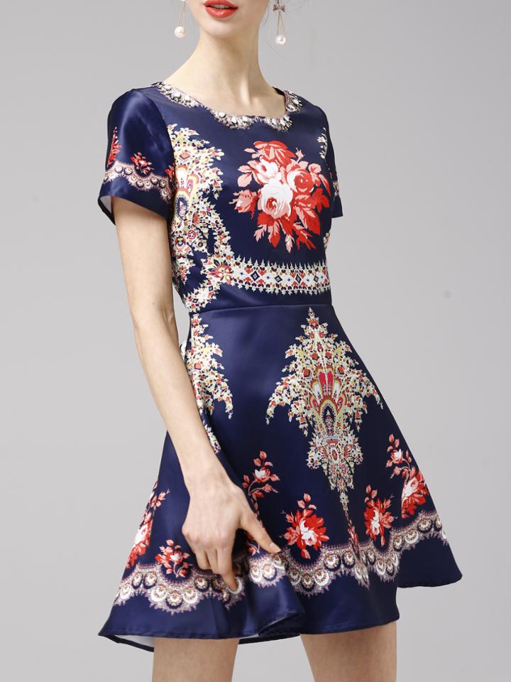 Shein Navy Crew Neck Floral A-line Dress