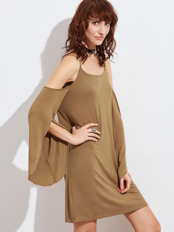 Shein Camel Cold Shoulder Split Sleeve Dress