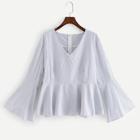 Shein Plus V Neck Bell Sleeve Striped Blouse