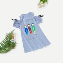 Shein Girls Cold Shoulder Cartoon Print Striped Dress