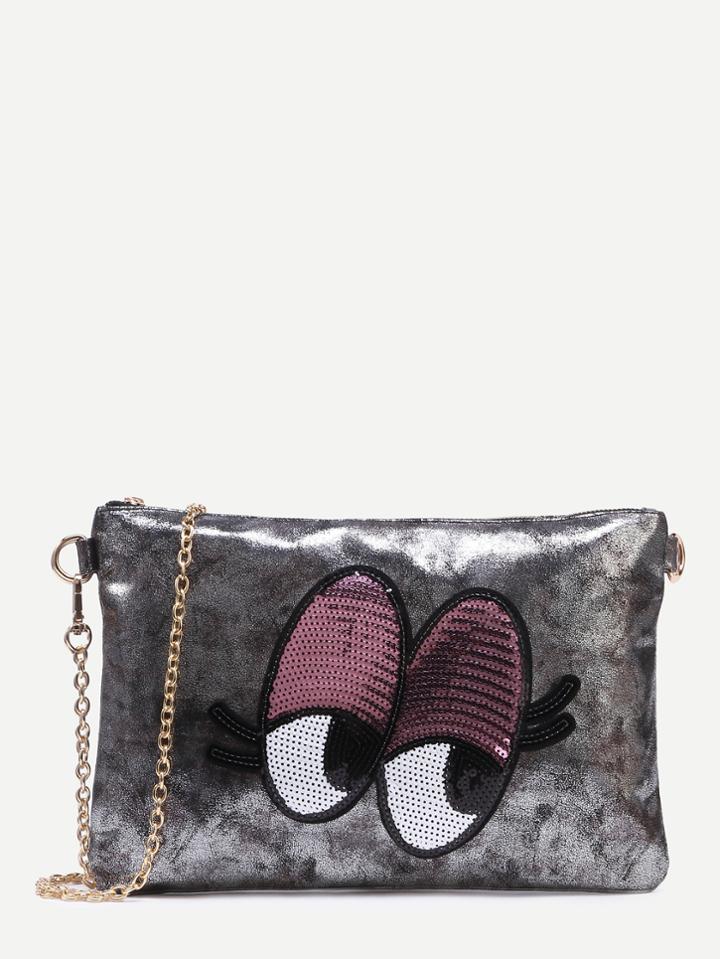 Shein Metallic Grey Sequin Eye Clutch With Chain