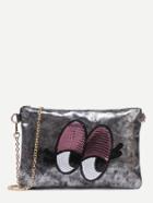 Shein Metallic Grey Sequin Eye Clutch With Chain