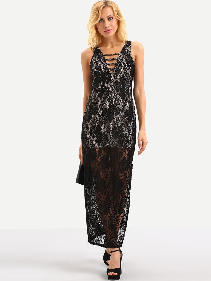 Shein Ladder-cutout Lace Overlay Sleeveless Dress - Black
