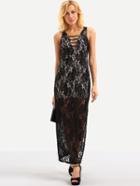 Shein Ladder-cutout Lace Overlay Sleeveless Dress - Black