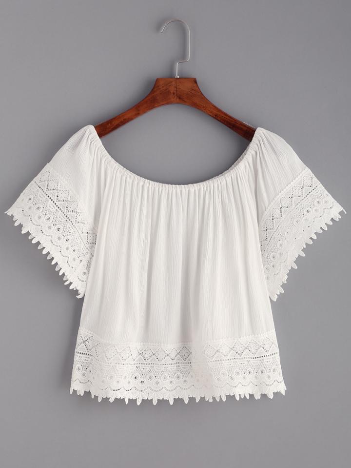Shein White Crochet Trim Crinkle Blouse