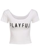 Shein White Scoop Neck Letters Print Crop T-shirt