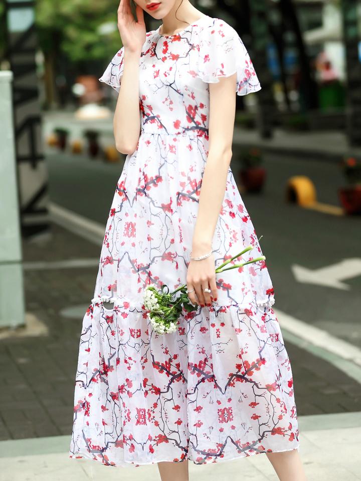 Shein Ruffle Sleeve Floral Hollow A-line Dress