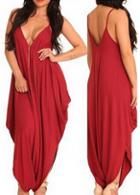 Rosewe Loose Red Backless Spaghetti Strap Jumpsuit