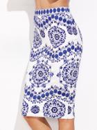 Shein Blue And White Porcelain Print Pencil Skirt
