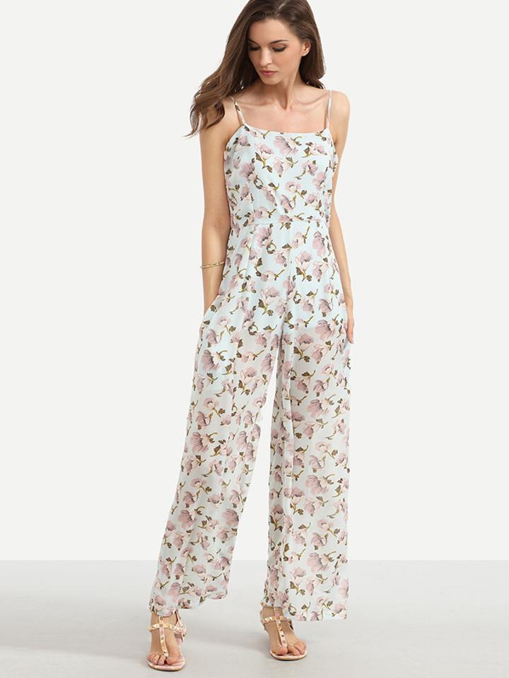 Shein Blue Flower Print Chiffon Cami Jumpsuit