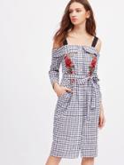 Shein Foldover Cold Shoulder Symmetric Flower Patch Checkered Shirt Dress