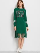 Shein Green Varsity Print Raw Fringe Hem Sweatshirt Dress
