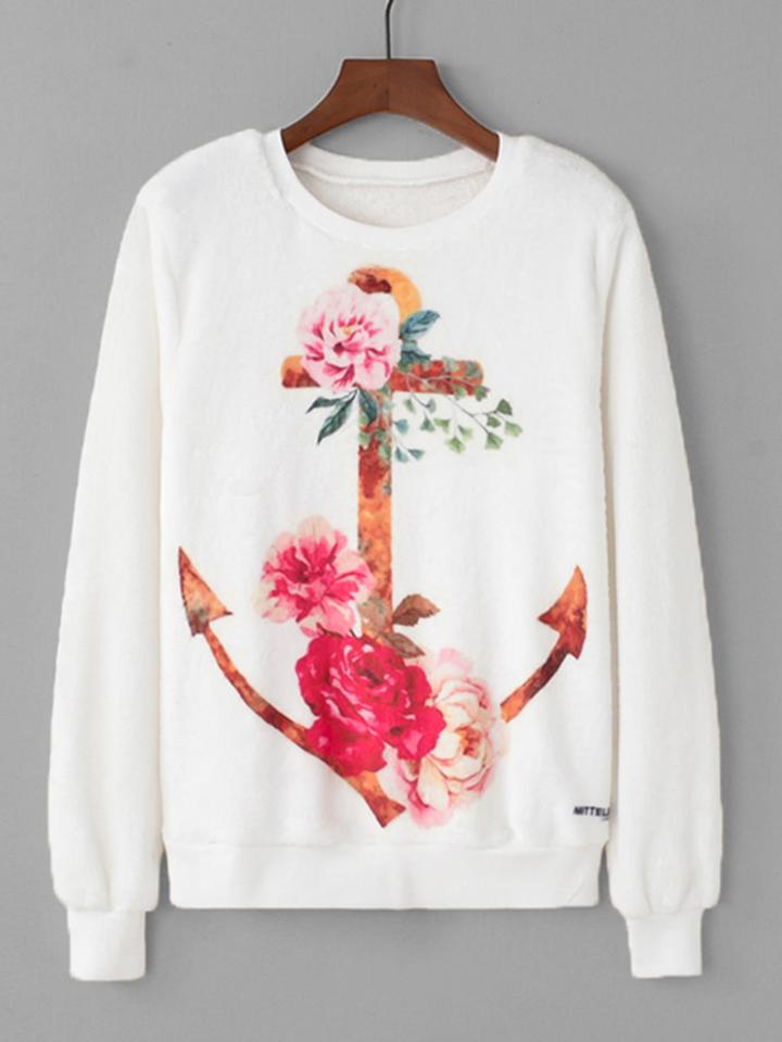 Shein Faux Fleece Anchor & Flower Print Pullover