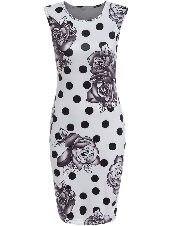 Shein Black White Round Neck Floral Spotted Polka Dot Dress