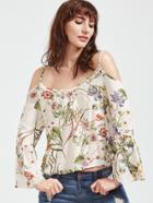 Shein Beige Floral Print Cold Shoulder Bell Sleeve Top