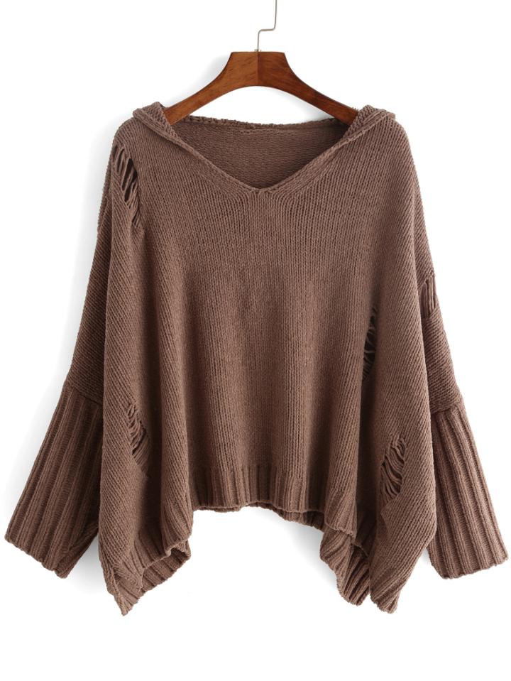 Shein Camel V Neck Batwing Ripped Sweater