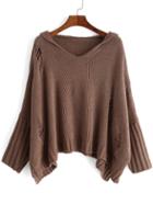 Shein Camel V Neck Batwing Ripped Sweater