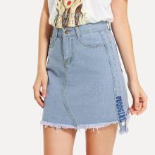 Shein Letter Embroidered Frayed Hem Denim Skirt