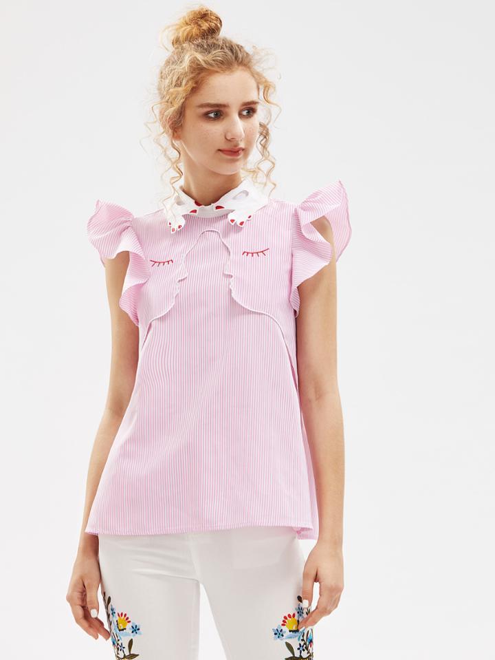 Shein Hand Shape Collar Flutter Sleeve Face Outline Embroidered Blouse