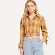 Shein Knot Detail Cuff Plaid Jacket