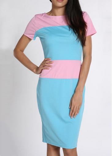 Rosewe Chic Short Sleeve Round Neck Color Block Dress