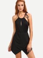 Shein Keyhole Drawstring Neck Asymmetric Wrap Romper - Black