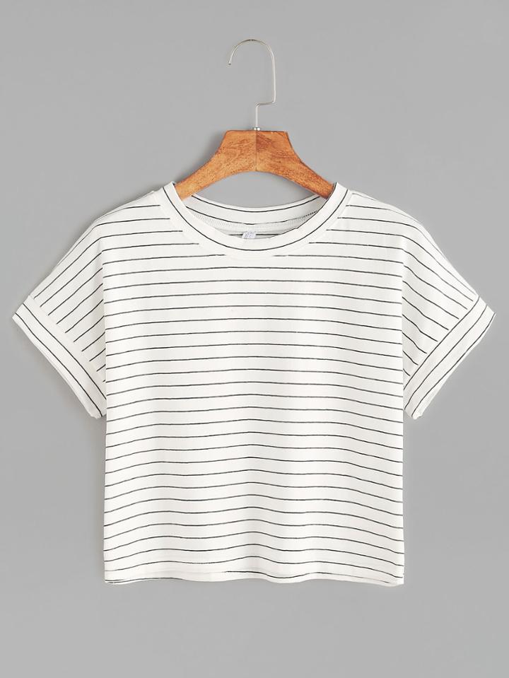 Shein White Striped Short Sleeve Crop T-shirt