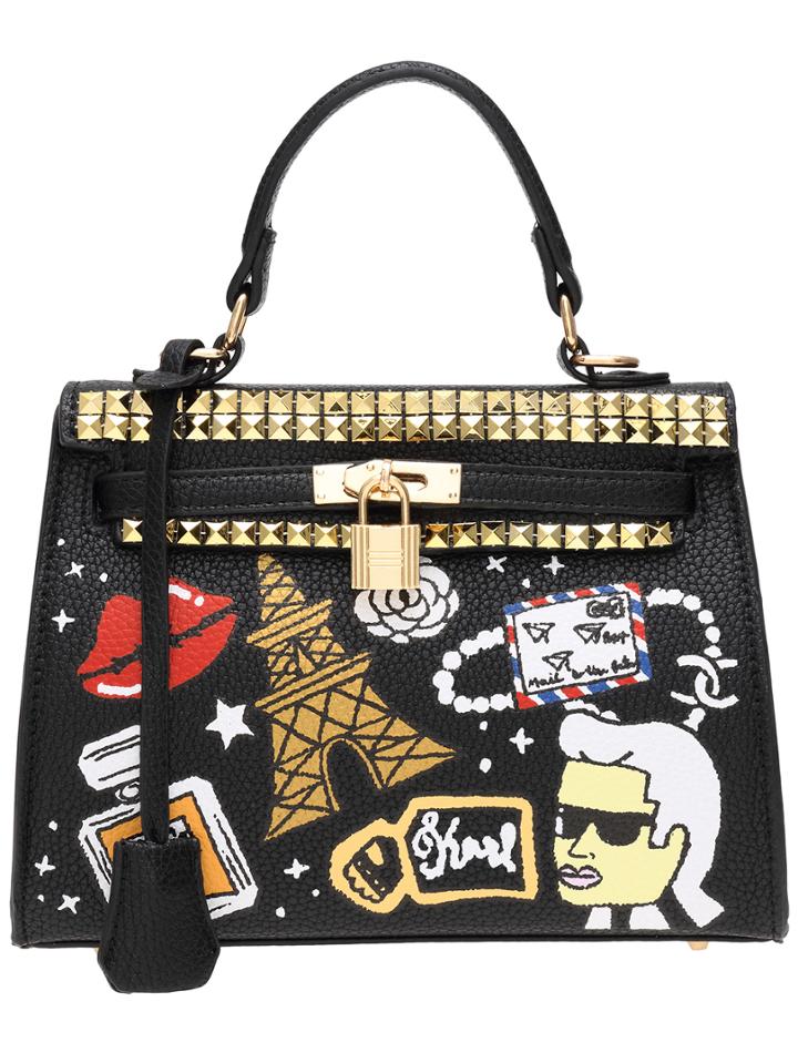Shein Black Lock Tower Print Rivets Studs Pu Tote Bag