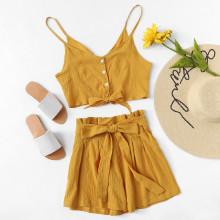 Shein Knot Front Cami Top With Self Tie Shorts