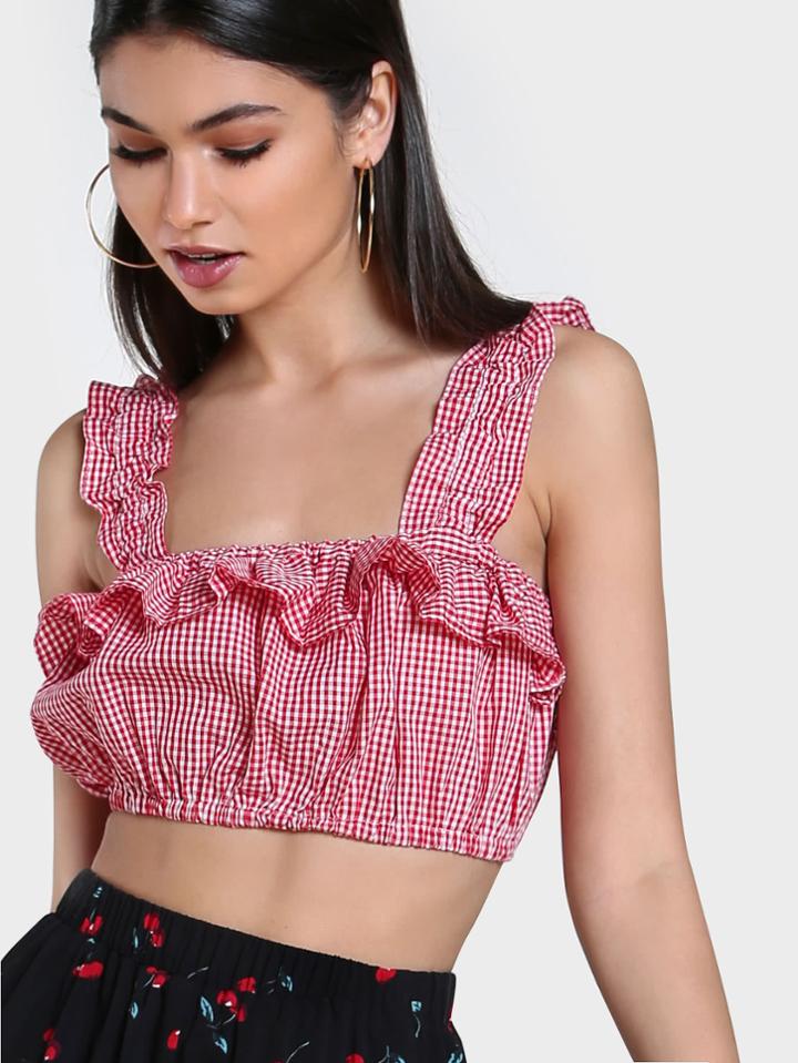 Shein Ruffle Plaid Print Crop Top Red