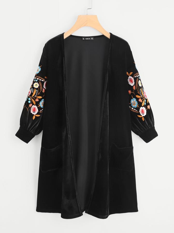 Shein Embroidery Bishop Sleeve Open Front Velvet Cardigan