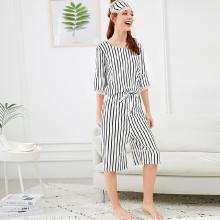 Shein Lace Trim Striped Pajama Set With Eye Mask
